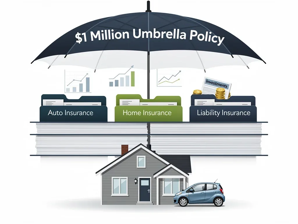 Financial layers showing standard insurance under a large umbrella policy.