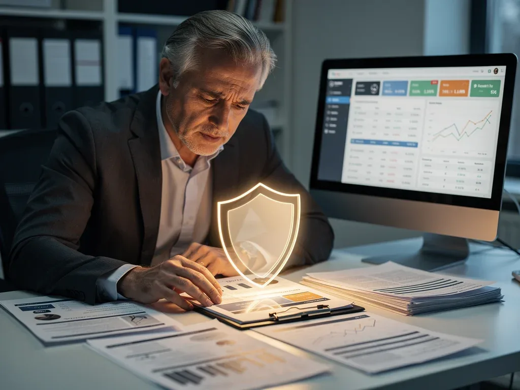 Investor reviewing documents, reassured by umbrella insurance protection.
