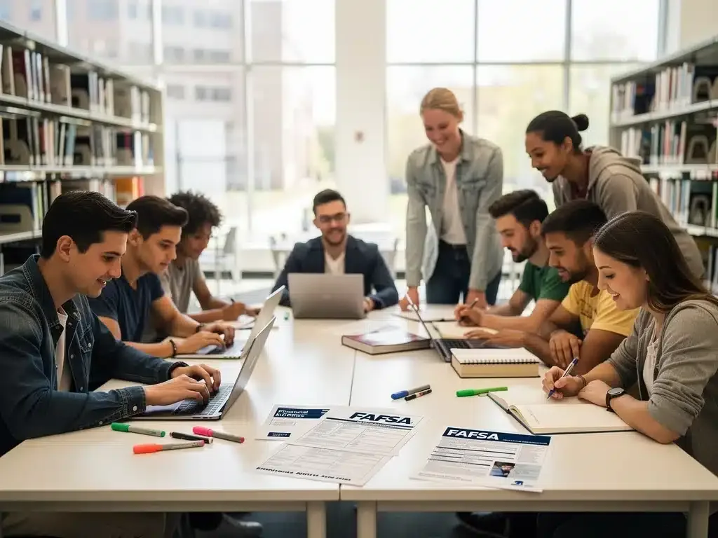 Students collaborating on FAFSA forms in a modern university library, symbolizing financial aid navigation.