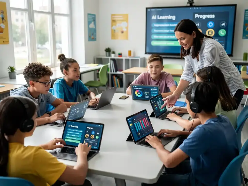 Students engaging with AI-powered personalized learning tools in a modern classroom