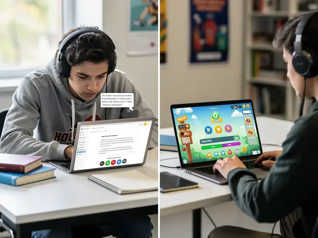 Student utilizing screen reader for accessibility and another student engaging with gamified e-learning content.