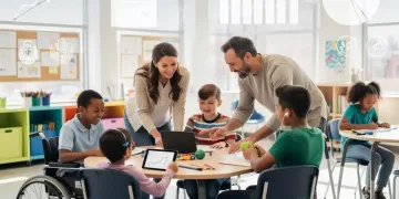 Diverse students with disabilities learning in an inclusive classroom with teachers, symbolizing special education funding and policy impact.