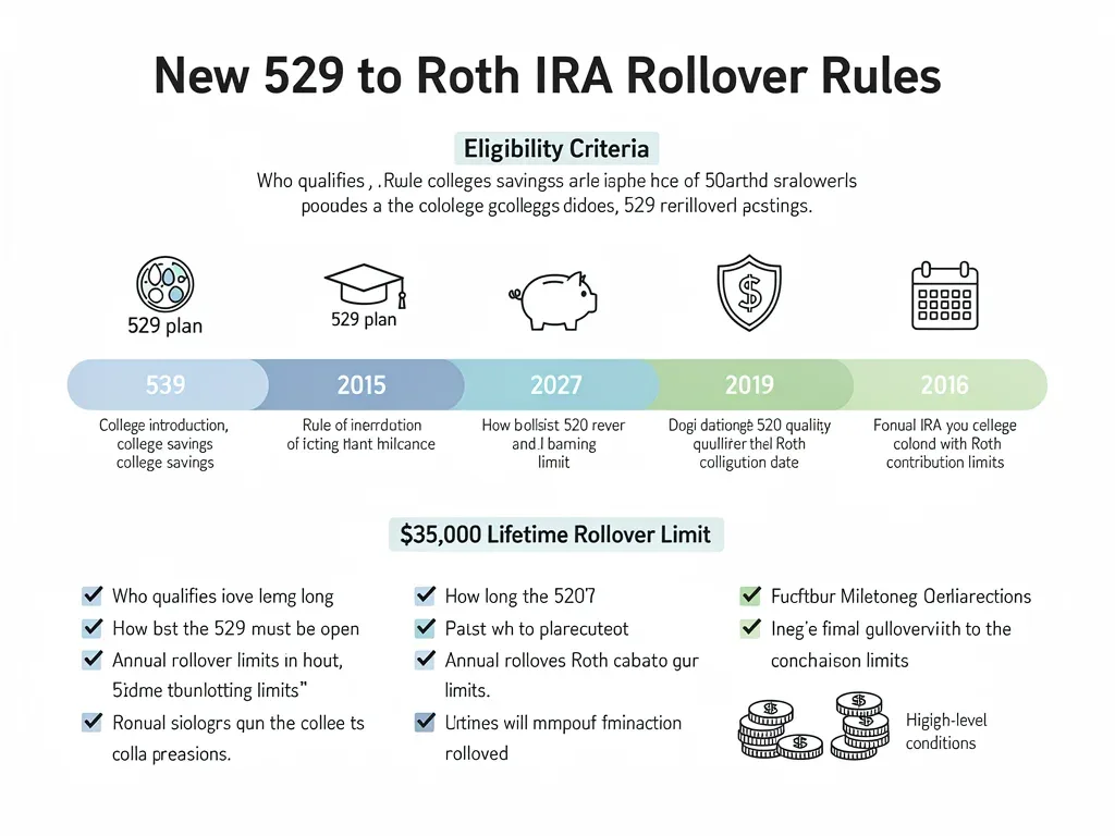 Infographic detailing 529 to Roth IRA rollover rules and timeline
