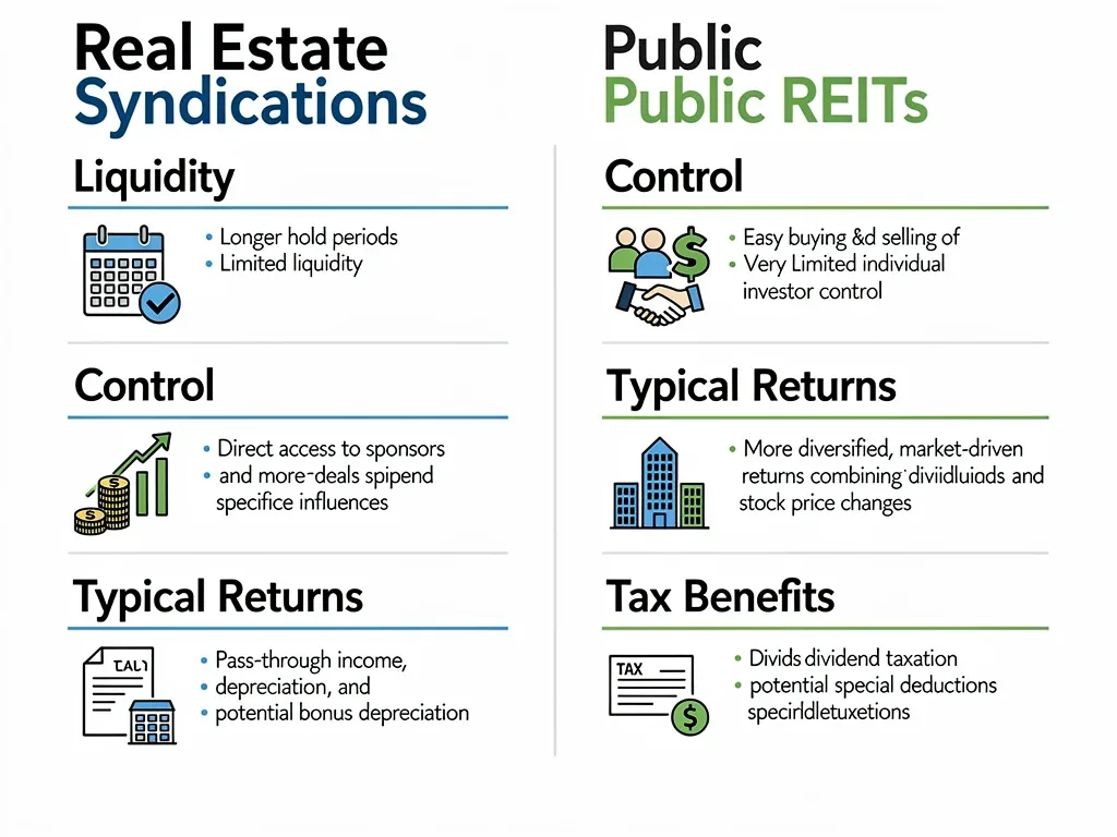 Comparison of liquidity, structure and investor access in real estate syndications and public REITs