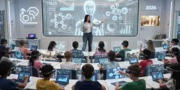 Futuristic classroom with AI integration in K-12 curriculum for 2026