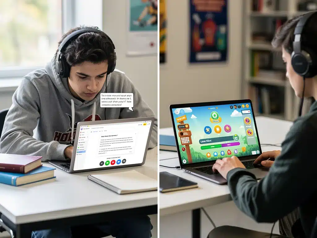 Student utilizing screen reader for accessibility and another student engaging with gamified e-learning content.