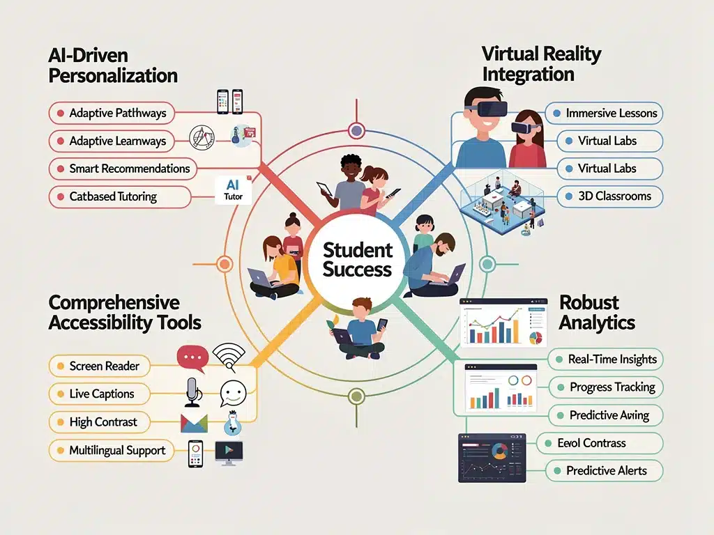 Infographic detailing advanced e-learning platform features for 2026: AI, VR, analytics, accessibility.