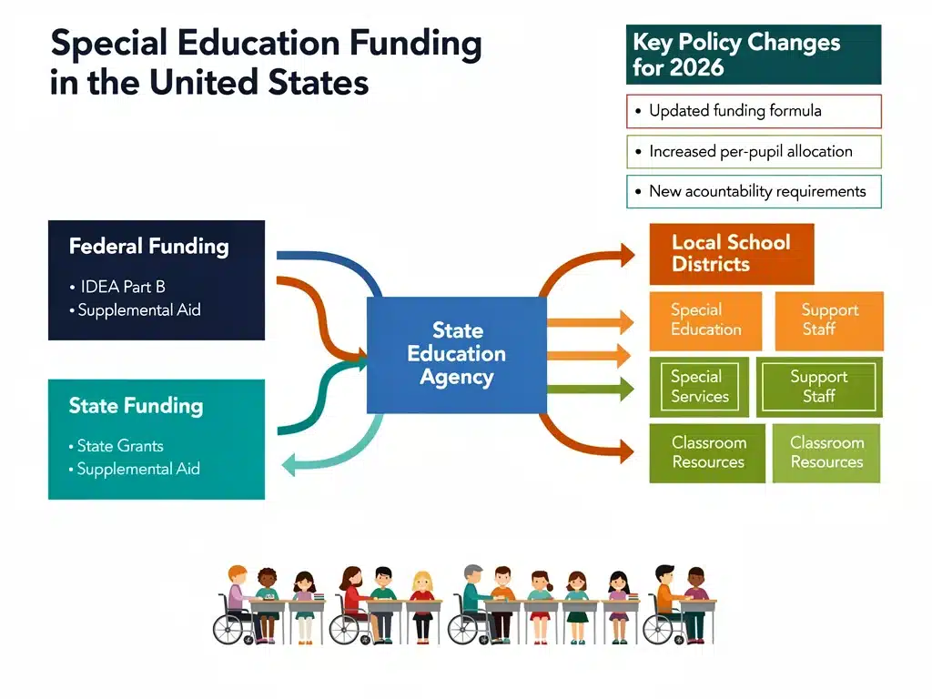 Infographic showing federal and state special education funding allocation to school districts in 2026.