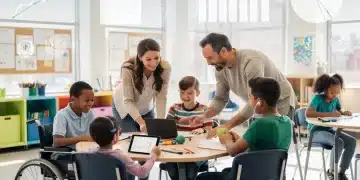 Diverse students with disabilities learning in an inclusive classroom with teachers, symbolizing special education funding and policy impact.