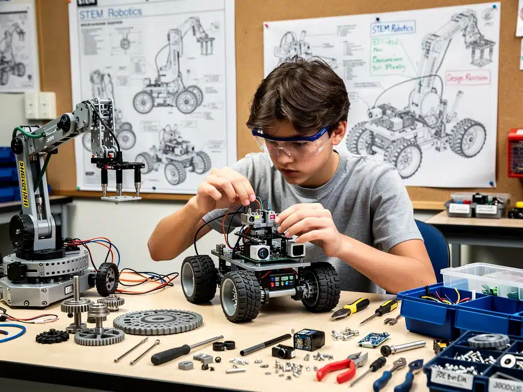 High school student building a robot, fostering STEM interest