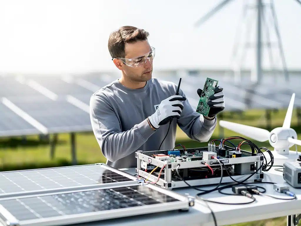 Renewable energy technician inspecting equipment during practical technical work.